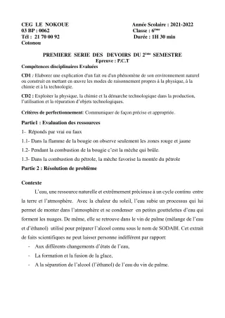 Première page de PCT 6e — 1er devoir surveillé, 2e semestre (2021-2022) · CEG LE NOKOUE