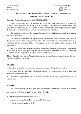 Première page de Mathématiques Tle C — 2e devoir surveillé, 2e semestre (2020-2021) · CEG1 GODOMEY