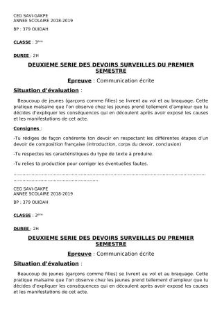 Première page de Français 3e, 3e ML — 2e devoir surveillé, 1er semestre (2018-2019) · CEG SAVI GAKPE