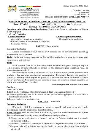 Première page de Histoire-Géographie 6e, 5e, 4e, 4e ML, 3e, 3e ML, 2nde A & B, 2nde C, 2nde D, 1ère A1, 1ère A2, 1ère B, 1ère C, 1ère D, Tle A, Tle A1, Tle A2, Tle B, Tle C, Tle D — 1re production scolaire, 1er semest