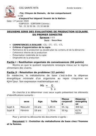 Première page de SVT 1ère A2, 1ère B — Production scolaire, 1er semestre (2019-2020) · CEG Sainte Rita