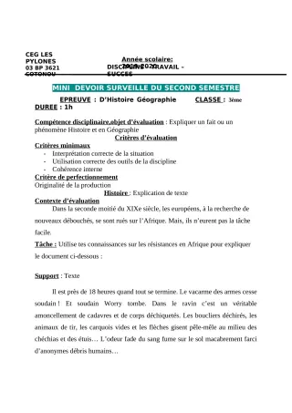 Première page de Histoire-Géographie 3e, 3e ML — 1er devoir surveillé, 2e semestre (2019-2020) · CEG Les Pylônes