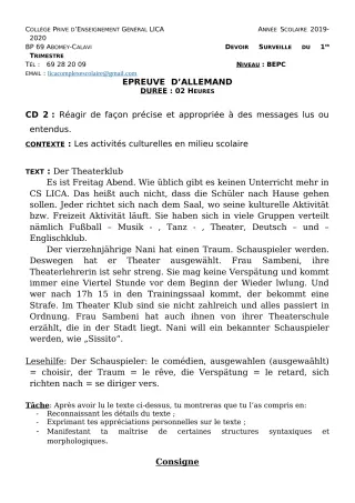 Première page de Allemand 3e ML — Devoir surveillé, 1er trimestre (2019-2020) · CPEG LICA