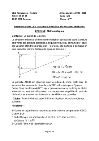 Première page de Mathématiques 3e, 3e ML — 1er devoir surveillé, 1er semestre (2020-2021) · CEG Kouhounou-Vêdoko