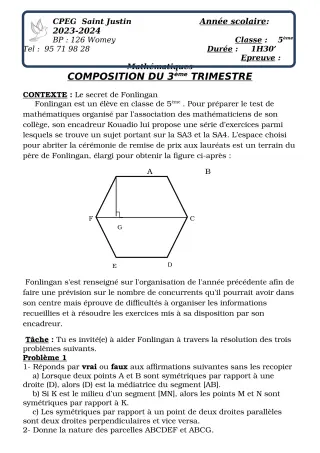 Première page de Mathématiques 5e — Composition, 3e trimestre (2023-2024) · CPEG SAINT Justin