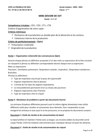 Première page de SVT 6e, 5e, 4e, 3e, 3e ML, 2nde B, 2nde D — Devoir surveillé (2020-2021) · CEPG La Prunelle de Dieu
