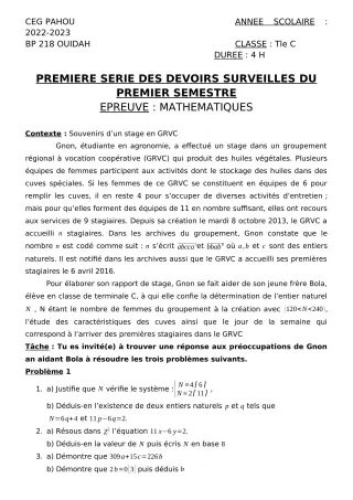 Première page de Mathématiques Tle C — 1er devoir surveillé, 1er semestre (2022-2023) · CEG PAHOU