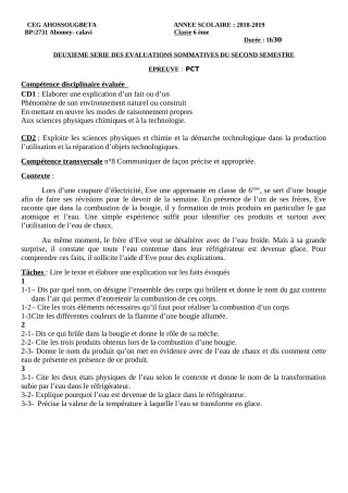 Première page de PCT 6e, 5e, 4e, 3e, 2nde D — 2e évaluation sommative, 2e semestre (2018-2019) · CEG Ahossougbéta