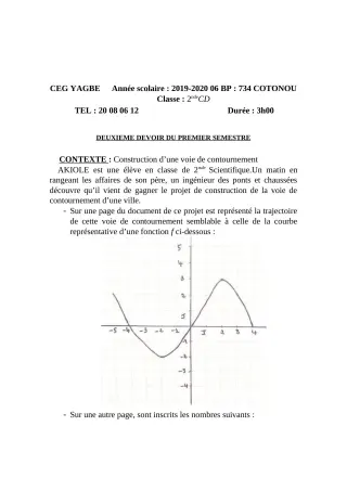 Première page de Mathématiques 2nde C, 2nde D — 2e devoir surveillé, 1er semestre (2019-2020) · CEG Yagbe