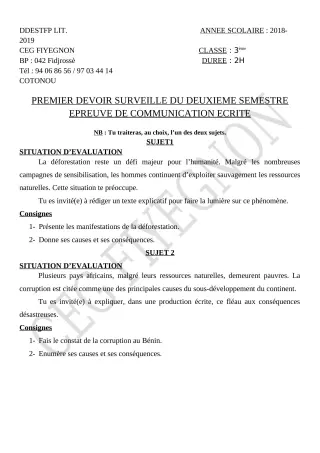Première page de Français 3e, 3e ML — 1er devoir surveillé, 2e semestre (2019-2020) · CEG FIYEGNON