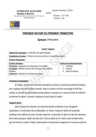 Première page de Philosophie 2nde A, 2nde B — 1er devoir surveillé, 1er trimestre (2019-2020) · CPEG MARIA GRACIA