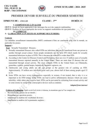 Première page de Anglais 3e — 1er devoir surveillé, 1er semestre (2024-2025) · CEG Yagbe