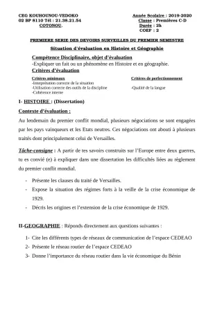 Première page de Histoire-Géographie 1ère C, 1ère D — 1er devoir surveillé, 1er semestre (2019-2020) · CEG Kouhounou-Vêdoko