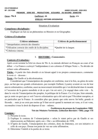 Première page de Histoire-Géographie Tle A2 — Production scolaire, 2e semestre (2020-2021) · CEG ONIGBOLO