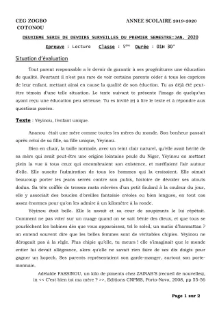Première page de Français 5e — 2e devoir surveillé, 1er semestre (2019-2020) · CEG ZOGBO