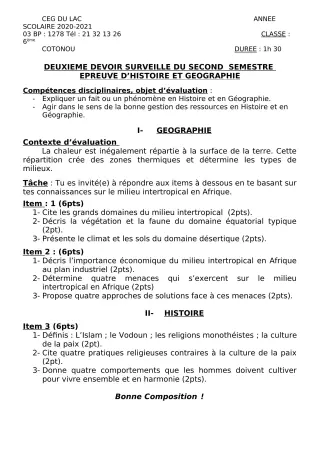 Première page de Histoire-Géographie 6e — 2e devoir surveillé, 2e semestre (2020-2021) · CEG du Lac