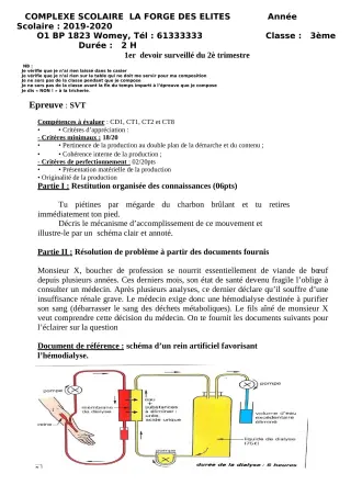 Première page de SVT 3e — 1er devoir surveillé, 2e trimestre (2019-2020) · CPEG LA FORGE DES ELITES