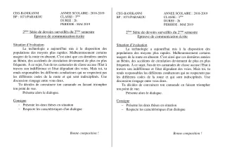 Première page de Français 3e, 3e ML — 2e devoir surveillé, 2e semestre (2018-2019) · CEG Banikanni