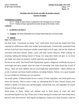 Première page de Anglais 3e, 3e ML — 2e devoir surveillé, 1er semestre (2019-2020) · CEG L'Entente