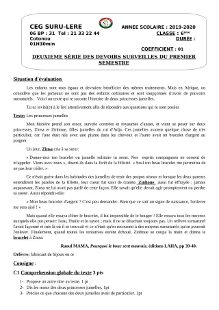 Première page de Français 6e, 5e, 4e, 4e ML, 3e, 3e ML, 2nde A1, 2nde A2, 2nde B, 2nde C, 2nde D, 1ère A, 1ère A1, 1ère A2, 1ère B, 1ère C, 1ère D, Tle A1, Tle A2, Tle B, Tle C, Tle D — 2e devoir surveillé, 1er semest