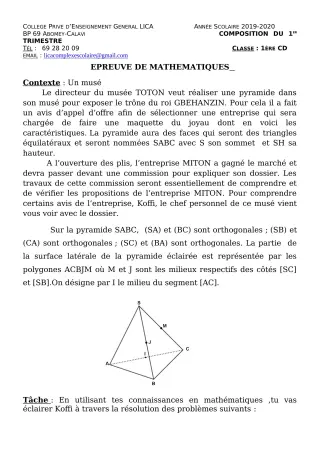 Première page de Mathématiques 1ère C, 1ère D — Composition, 1er trimestre (2019-2020) · CPEG LICA
