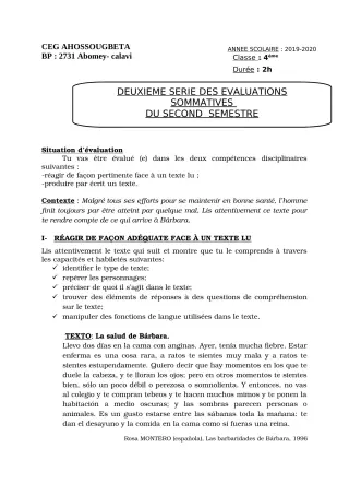 Première page de Espagnol 4e ML — 2e évaluation sommative, 2e semestre (2019-2020) · CEG Ahossougbéta