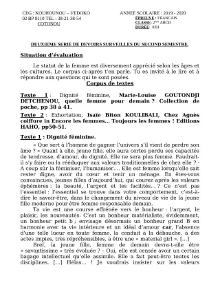 Première page de Français 2nde A1, 2nde A2, 2nde B, 2nde C, 2nde D — 2e devoir surveillé, 2e semestre (2019-2020) · CEG Kouhounou-Vêdoko