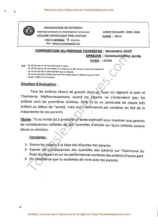 Première page de Communication écrite 4ème – Composition du 1er trimestre 2025-2026 – Conséquences des querelles parentales sur les enfants – Collège Catholique Père Aupiais