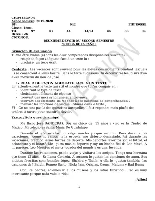 Première page de Espagnol 4e ML — 2e devoir surveillé, 2e semestre (2019-2020) · CEG FIYEGNON