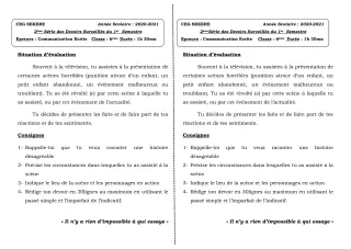 Première page de Français 6e — 2e devoir surveillé, 1er semestre (2020-2021) · CEG SEKERE