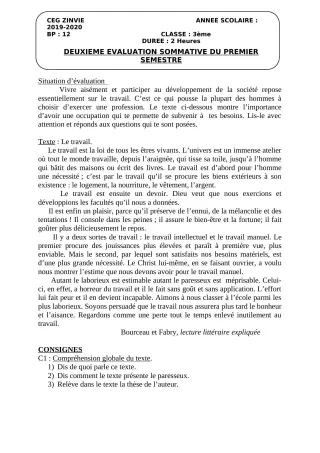 Première page de Français 3e, 3e ML — 2e évaluation sommative, 1er semestre (2019-2020) · CEG Zinvié