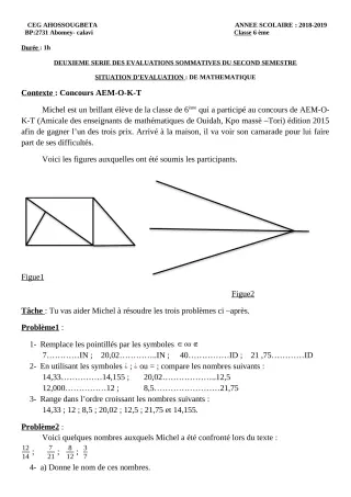 Première page de Mathématiques 6e, 5e, 4e, 4e ML, 3e, 3e ML, 2nde A & B, 2nde D — 2e évaluation sommative, 2e semestre (2018-2019) · CEG Ahossougbéta