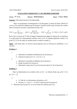 Première page de Mathématiques Tle A — Évaluation sommative, 1er semestre (2018-2019) · CEG Tchatchou
