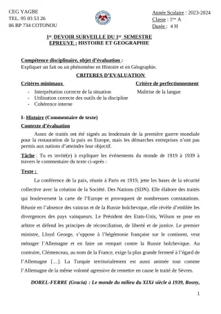 Première page de Histoire-Géographie 1ère A1, 1ère A2 — 1er devoir surveillé, 1er semestre (2023-2024) · CEG Yagbe