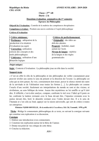Première page de Philosophie 2nde A & B — 2e évaluation sommative, 1er semestre (2019-2020) · CEG AYOU