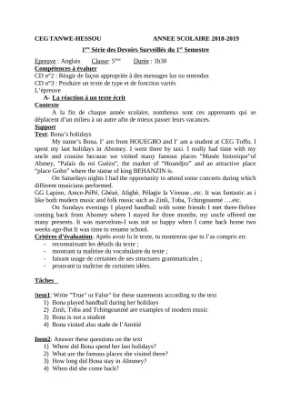 Première page de Anglais 5e — 1er devoir surveillé, 1er semestre (2018-2019) · CEG TANWE-HESSOU