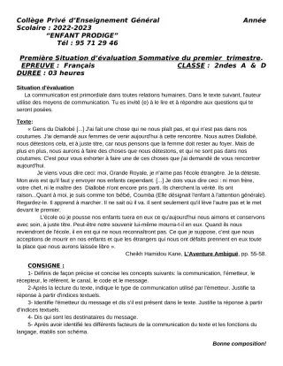 Première page de Français 2nde A2 — Évaluation sommative, 1er trimestre (2022-2023) · CPEG ENFANT PRODIGE