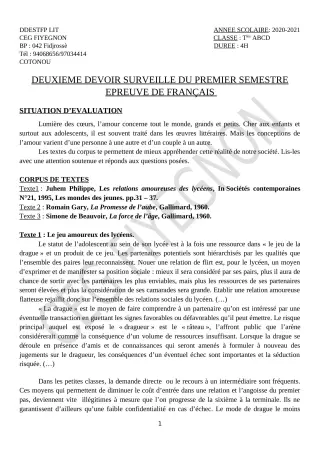 Première page de Français Tle A1, Tle A2, Tle B, Tle C, Tle D — 2e devoir surveillé, 1er semestre (2020-2021) · CEG FIYEGNON