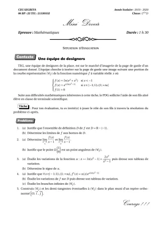 Première page de Mathématiques Tle D — 1er devoir surveillé (2019-2020) · CEG SEGBEYA