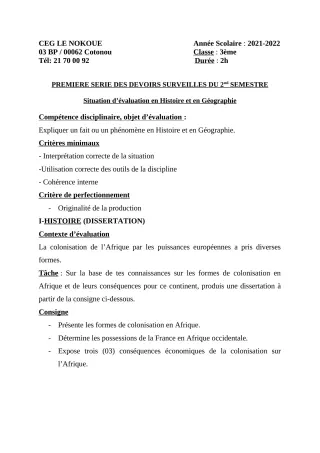 Première page de Histoire-Géographie 3e — 1er devoir surveillé, 2e semestre (2021-2022) · CEG LE NOKOUE
