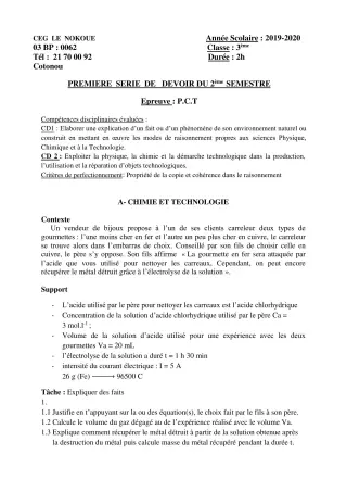 Première page de PCT 3e — 1er devoir surveillé, 2e semestre (2019-2020) · CEG LE NOKOUE