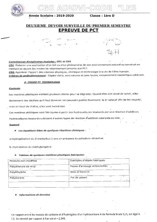 Première page de PCT 1ère D — 2e devoir surveillé, 1er semestre (2019-2020) · CEG ADJOVICODJI 'LES OLIVIERS'