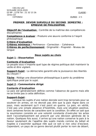 Première page de Philosophie 1ère C, 1ère D — 1er devoir surveillé, 2e semestre (2019-2020) · CEG du Lac
