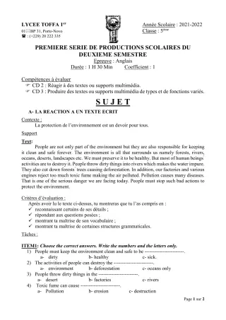 Première page de Anglais 5e — 1re production scolaire, 2e semestre (2021-2022) · Lycée Toffa 1er