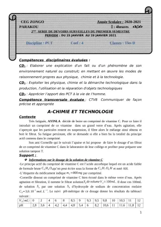Première page de PCT Tle D — 2e devoir surveillé, 1er semestre (2020-2021) · CEG ZONGO