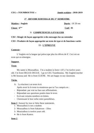 Première page de Anglais 6e — 1er devoir surveillé, 1er semestre (2018-2019) · CEG TOUMBOUTOU