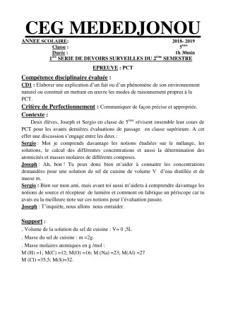 Première page de PCT 6e, 5e — 1er devoir surveillé, 2e semestre (2018-2019) · CEG Mèdédjonou