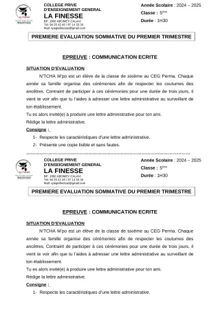 Première page de Français 5e — 1re évaluation sommative, 1er trimestre (2024-2025) · CPEG La Finesse