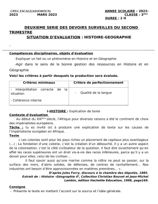 Première page de Histoire-Géographie 3e — 2e devoir surveillé, 2e trimestre (2022-2023) · CPEG ESCALE
