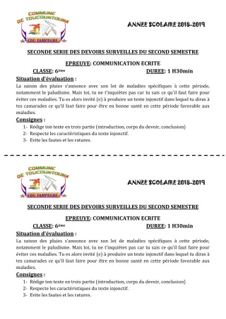 Première page de Français 6e, 5e, 4e, 4e ML, 3e, 3e ML — 2e devoir surveillé, 2e semestre (2018-2019) · CEG TAMPÈGRÉ